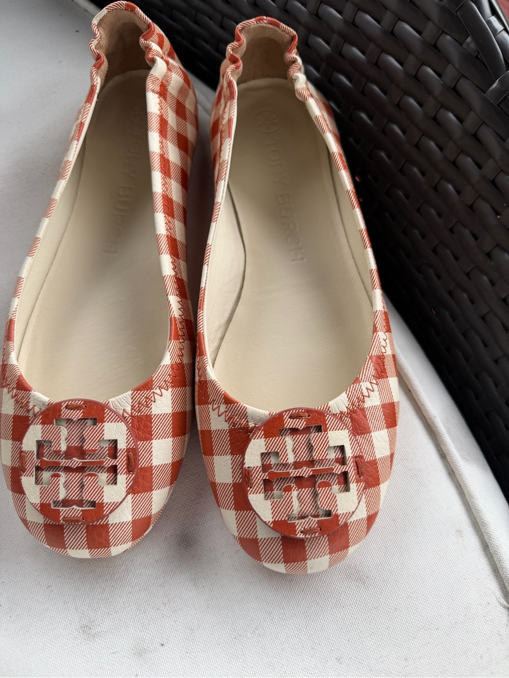 Tory Burch Orange and Cream Gingham Logo Ballet Flats